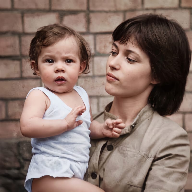 Restored and colorized photograph of a young mother holding her baby in front of a brick wall