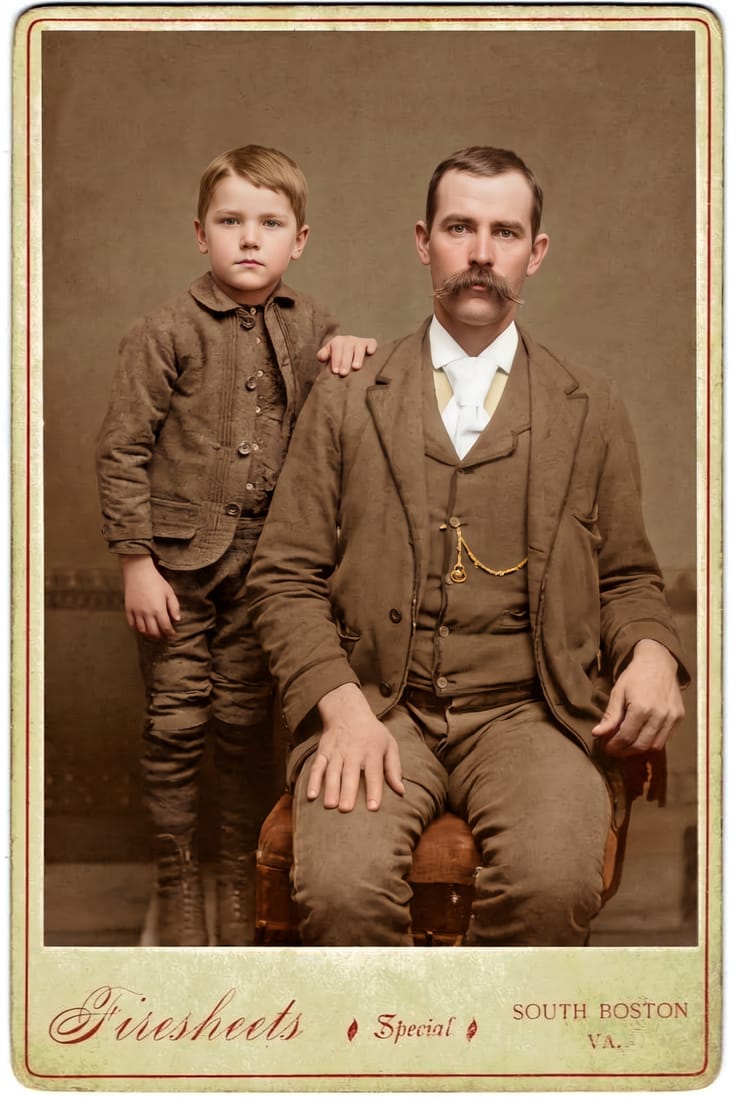 Restored and colorized antique cabinet card of a seated father beside his young son