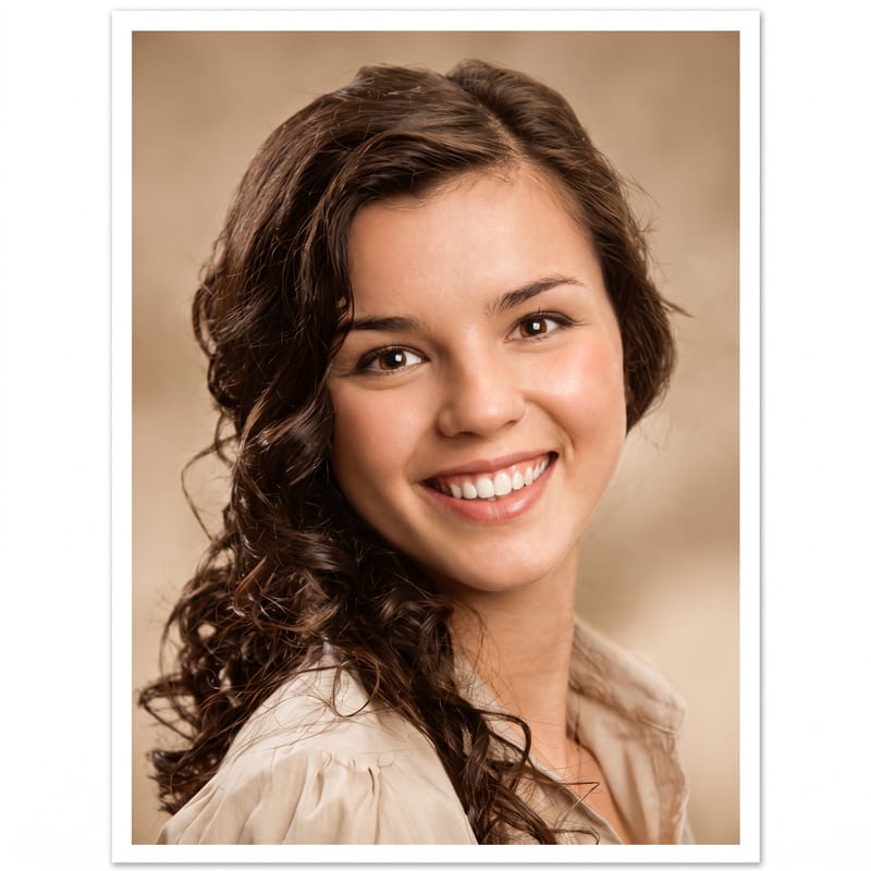 Restored and colorized postcard portrait of a smiling woman with dark curled hair
