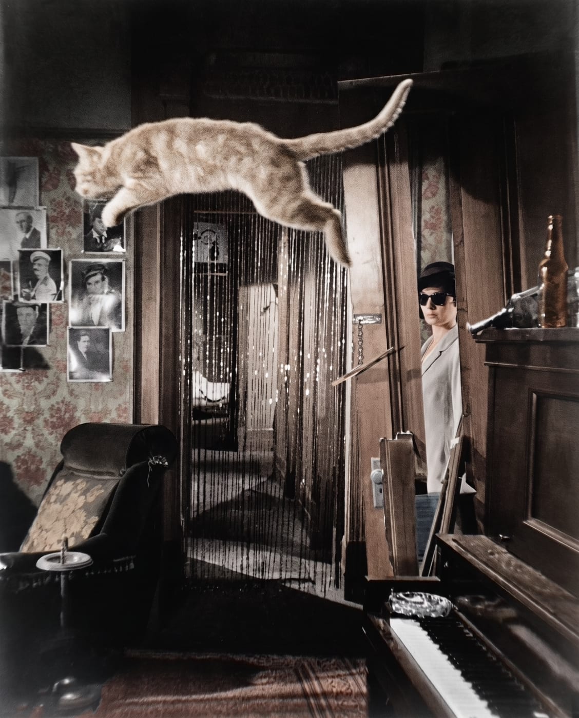 Restored and colorized photograph of a cat caught mid-leap across a dimly lit bar interior