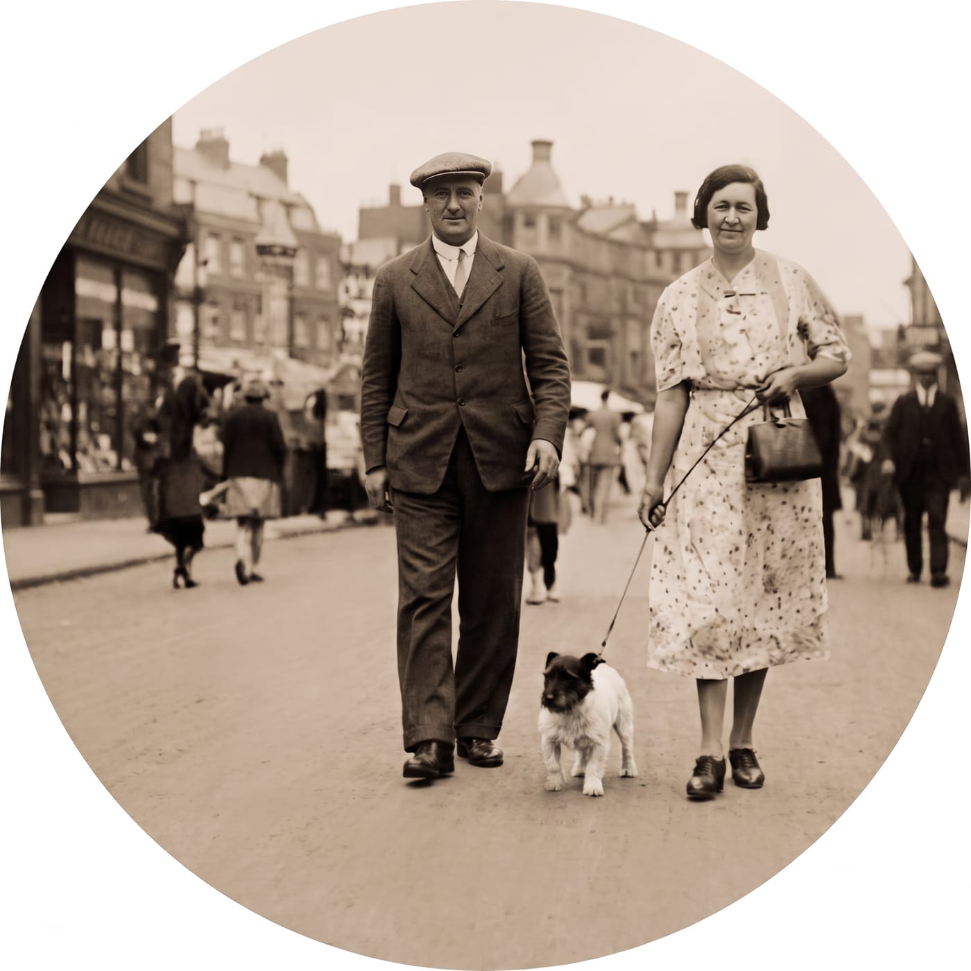 Restored photograph, cut in a circle, of a couple walking down a street with a small dog